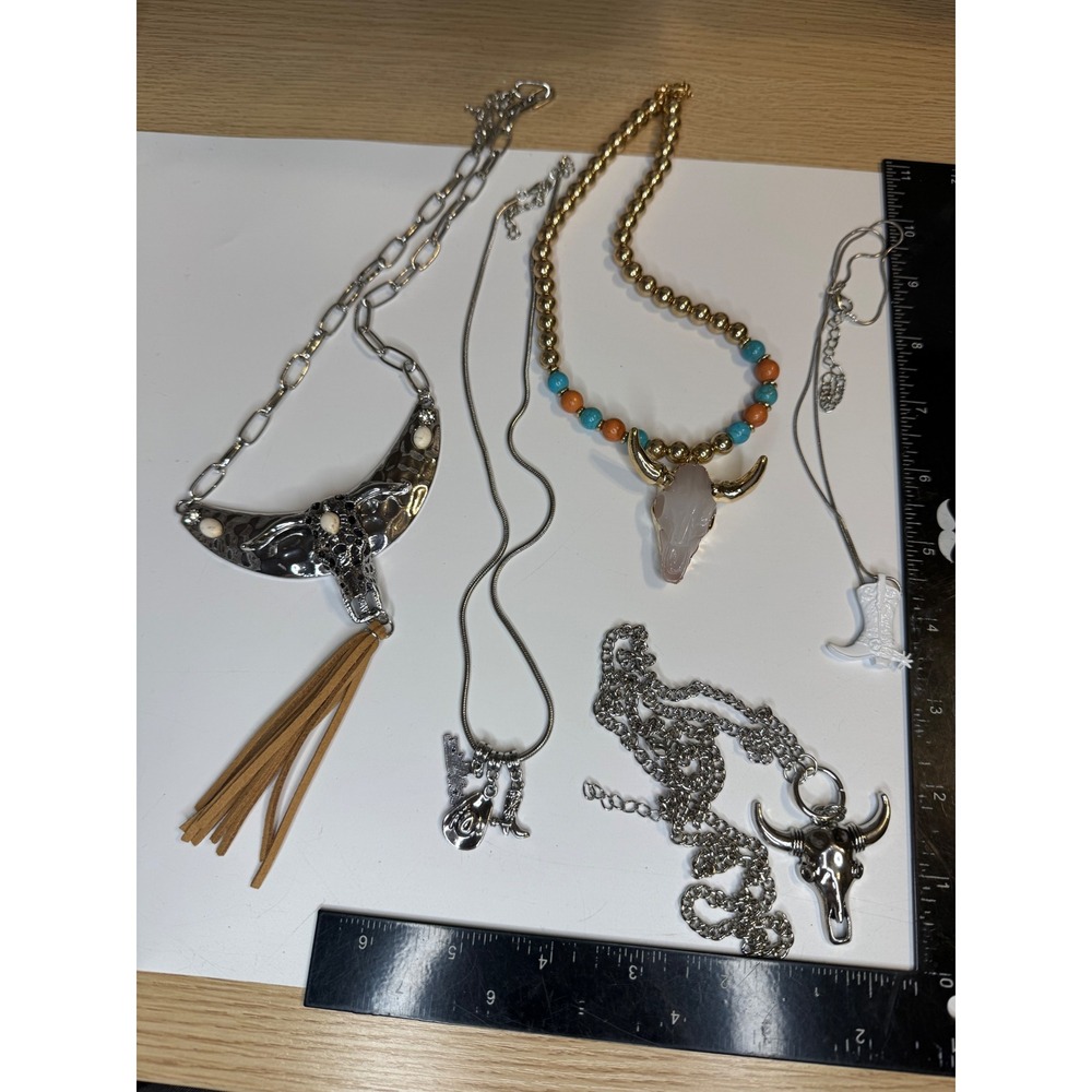 Western Necklace Lot 5pc Steer Skull Cowgirl Charms Tassel Silver Gold Tone